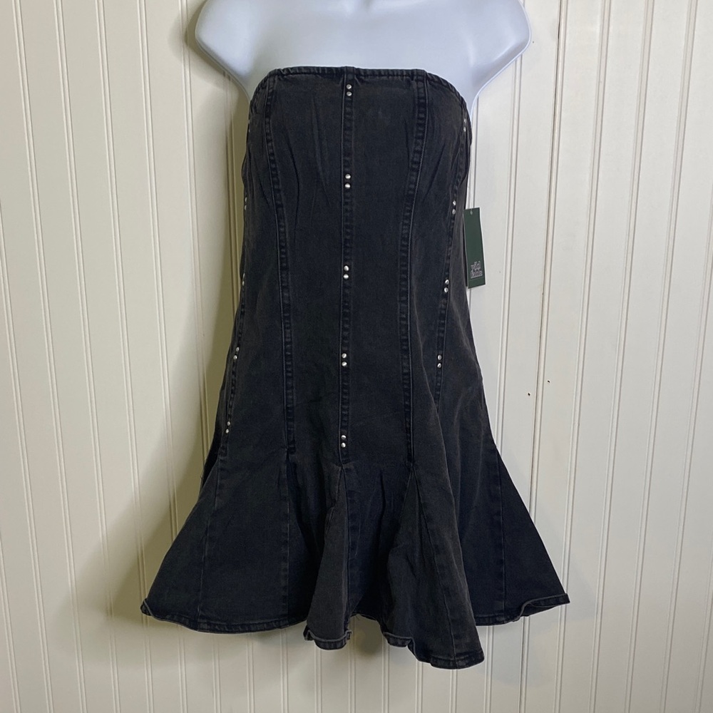 Wild Fable Black Studded Denim Strapless Mini Dress XL‎ Skater Corset Style NWT